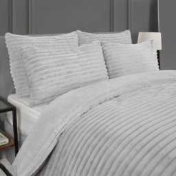 OHS Ribbed Faux Fur Duvet Set, Silver - Superking - thumbnail 3