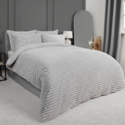 OHS Ribbed Faux Fur Duvet Set, Silver - Superking - thumbnail 2