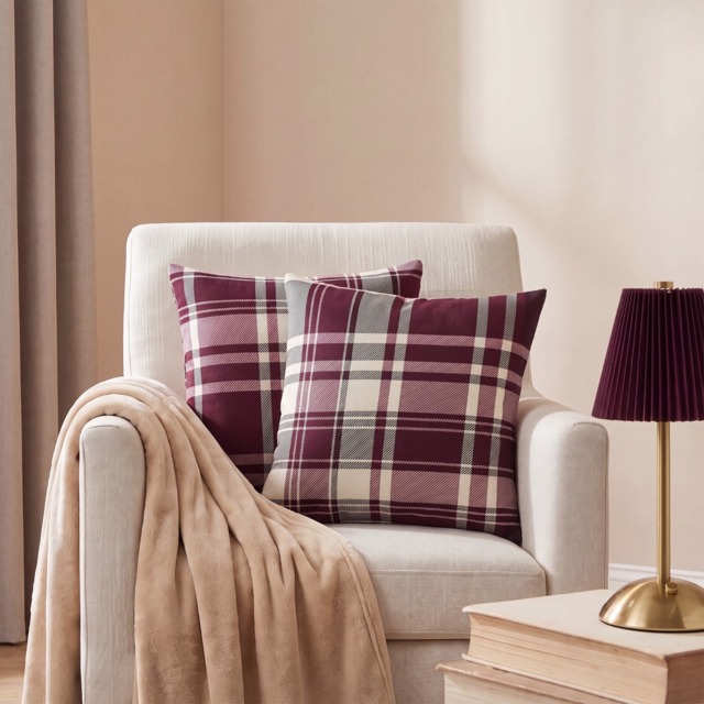 OHS Woven Check Cushion Covers, Burgundy - 45 x 45cm