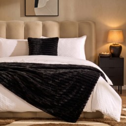 OHS Faux Fur Thick Ribbed Throw, Black - 150 x 200cm