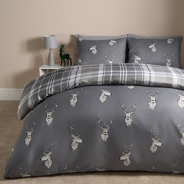 OHS Stag Checkered Reversible Duvet Set, Charcoal - King - image 1