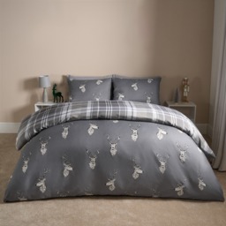 OHS Stag Checkered Reversible Duvet Set, Charcoal - King - thumbnail 2