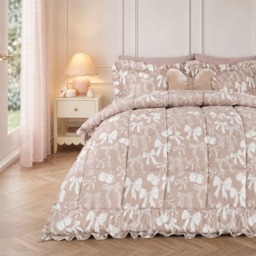 OHS Bow Print Frill Edge Coverless 7.5 Tog Duvet Set, Natural - Double