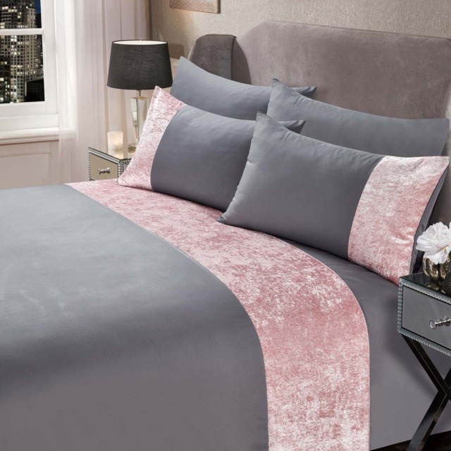 OHS Crushed Velvet Band Duvet Set, Silver/Blush Pink - King
