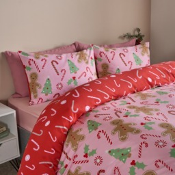 OHS Gingerbread Man Candy Cane Reversible Duvet Set, Pink - Single - thumbnail 4