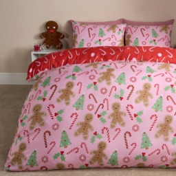 OHS Gingerbread Man Candy Cane Reversible Duvet Set, Pink - Single - thumbnail 1
