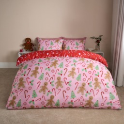 OHS Gingerbread Man Candy Cane Reversible Duvet Set, Pink - Single - thumbnail 2