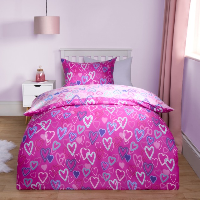 OHS Neon Hearts Reversible Duvet Cover Set, Pink - Double - image 1