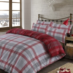 OHS Boston Brushed Cotton Check Tartan Duvet Cover Bedding Set - Red - Super King