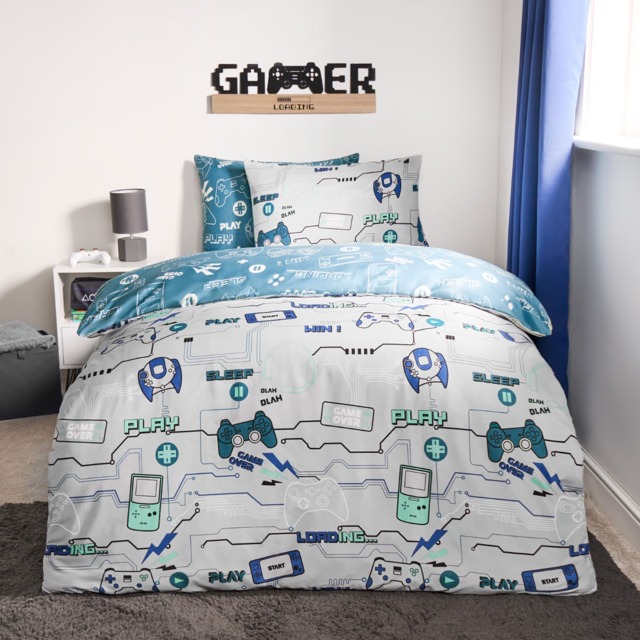 OHS Kids Gaming Console Print Reversible Duvet Cover Set, Grey/Blue - Double - image 1