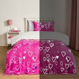 OHS Heart Printed Glow In The Dark Duvet Set, Pink - Double - thumbnail 1