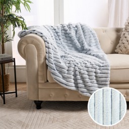 OHS Two Tone Faux Fur Thick Ribbed Throw - Navy/White