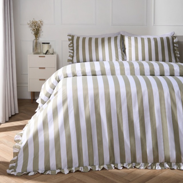 OHS Stripe Frill Duvet Set, Sage - Double - image 1
