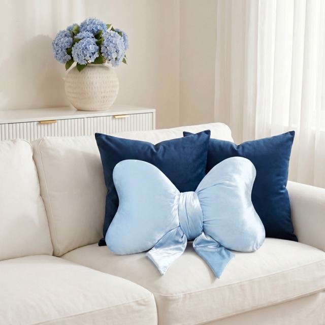 OHS Velvet Bow Shaped Cushion - Blue - image 1