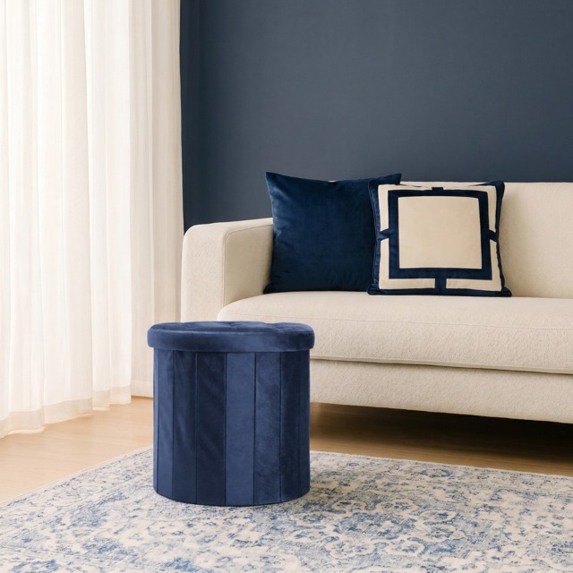 OHS Matte Velvet Foldable Round Storage Ottoman - Navy - image 1
