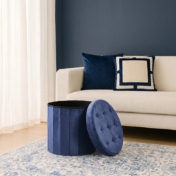 OHS Matte Velvet Foldable Round Storage Ottoman - Navy - thumbnail 2