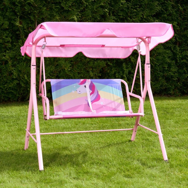 OHS Kids Unicorn Print Swing Bench with Canopy - Pink - image 1