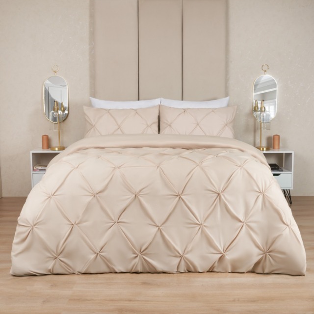 OHS Polycotton Diamond Pintuck Pinch Pleat Duvet Set, Beige - King - image 1