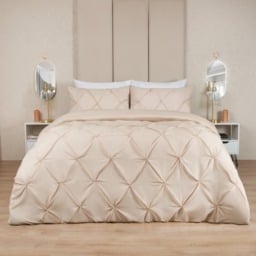 OHS Polycotton Diamond Pintuck Pinch Pleat Duvet Set, Beige - King