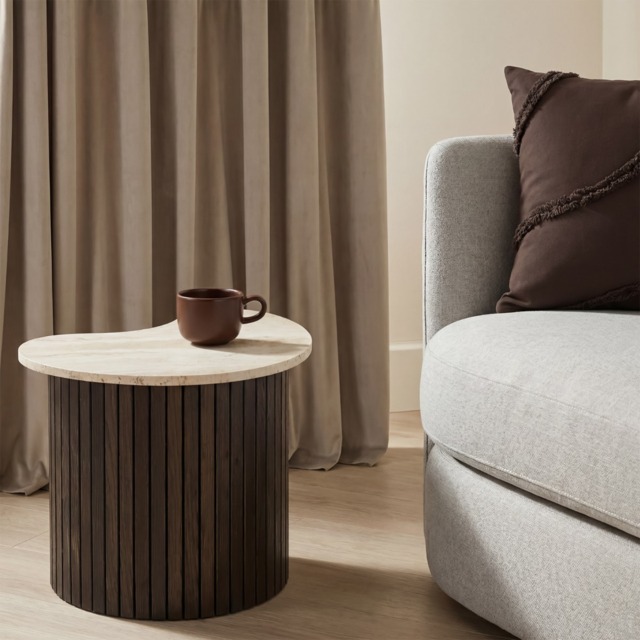 OHS Travertine Effect Irregular Oval Madison Ribbed Side Table - Dark Wood - image 1