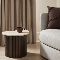 OHS Travertine Effect Irregular Oval Madison Ribbed Side Table - Dark Wood