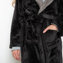 OHS Hooded Sherpa Fleece Dressing Gown - Black - thumbnail 5