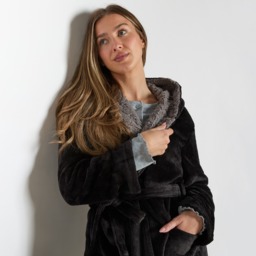 OHS Hooded Sherpa Fleece Dressing Gown - Black - thumbnail 3