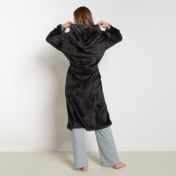 OHS Hooded Sherpa Fleece Dressing Gown - Black - thumbnail 2