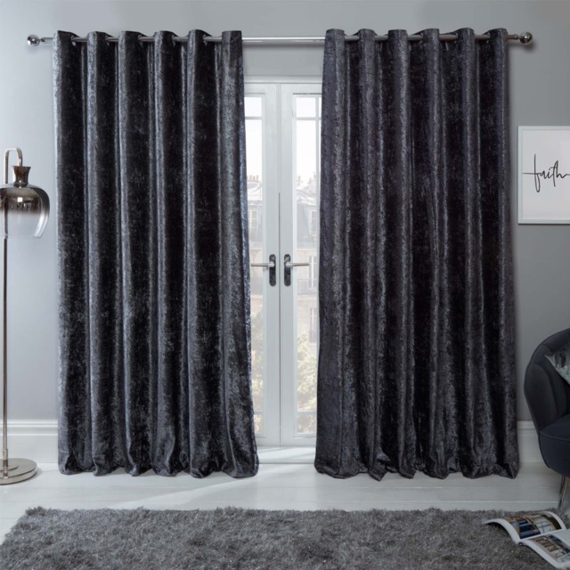 "OHS Crushed Velvet Eyelet Curtains - Charcoal Grey 66"" x 54""" - image 1