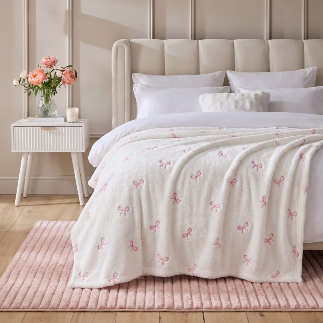 OHS Bow Embossed Fleece Throw - White/Pink - image 1