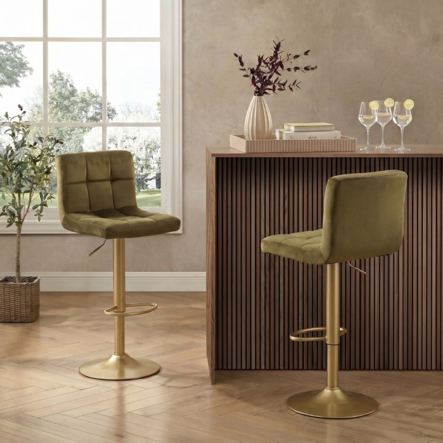 OHS Set of 2 Adjustable Velvet Bar Stools - Olive/Gold - image 1