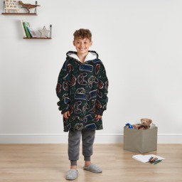 OHS Gaming Print Hoodie Blanket, Kids - Black
