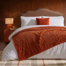 OHS Faux Fur Thick Ribbed Throw, Rust - 125 x 150cm