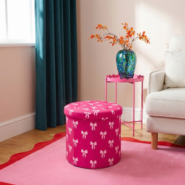 OHS Bow Print Velvet Foldable Round Storage Ottoman - Hot Pink - image 1