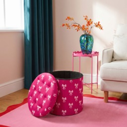 OHS Bow Print Velvet Foldable Round Storage Ottoman - Hot Pink - thumbnail 2