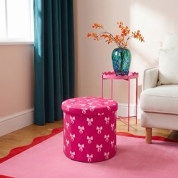OHS Bow Print Velvet Foldable Round Storage Ottoman - Hot Pink