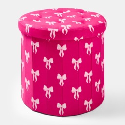 OHS Bow Print Velvet Foldable Round Storage Ottoman - Hot Pink - thumbnail 3