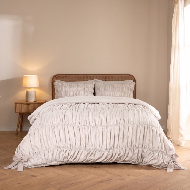 OHS Bow Gather Duvet Cover Set, Stone - Double - image 1
