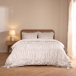OHS Bow Gather Duvet Cover Set, Stone - Double