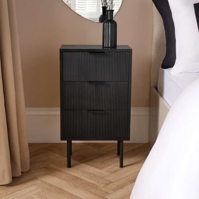 OHS Ribbed 3-Drawer Bedside Table - Black - image 1