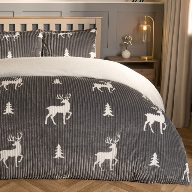 OHS Cosy Stag Ribbed Fleece Duvet Set, Grey - King - image 1