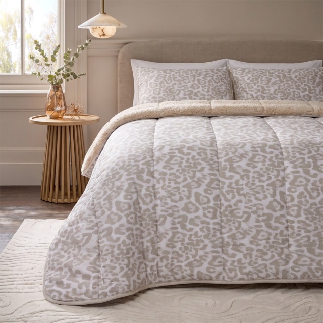 OHS Leopard Print Coverless Sherpa Fleece 10.5 Tog Duvet Set, Stone - Double - image 1