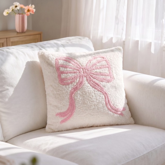 OHS Tufted Bow Cushion - Cream/Pink - image 1