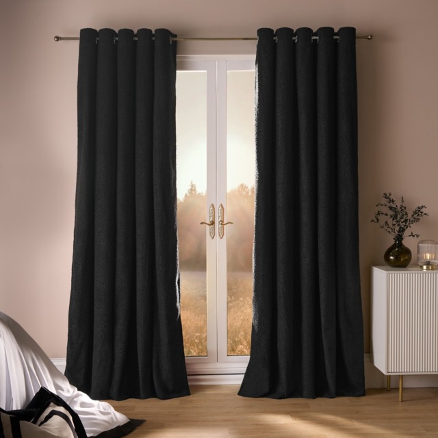 "OHS Bouclé Eyelet Curtains, Black - 90 x 90""" - image 1