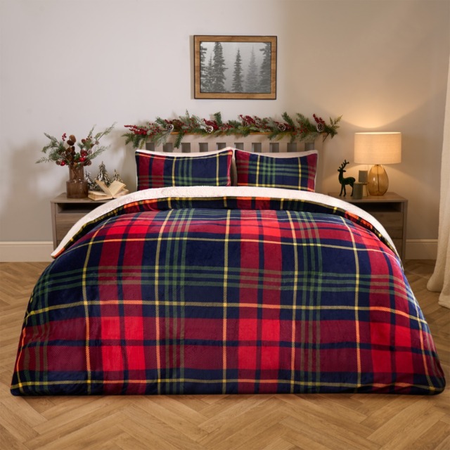 OHS Oxford Check Fleece Duvet Set, Red - Single - image 1