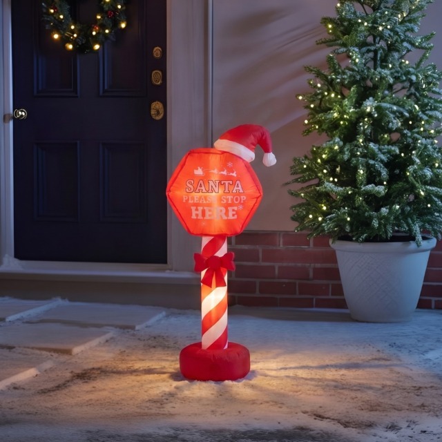 OHS Indoor/Outdoor Inflatable Santa Stop Here Sign Decoration - Red - image 1