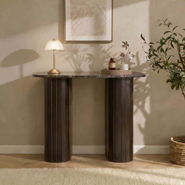 OHS Madison Marble Effect Ribbed Console Table - Dark Brown - image 1