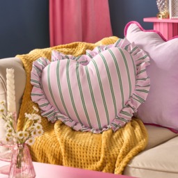 OHS Frill Heart Shaped Stripe Cushion - Pink/Green