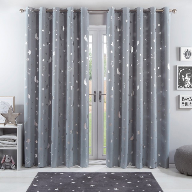 "OHS Star Blackout Eyelet Curtains Ready Made Kids, Silver Grey - 117 x 137cm (46"" x 54"")" - image 1