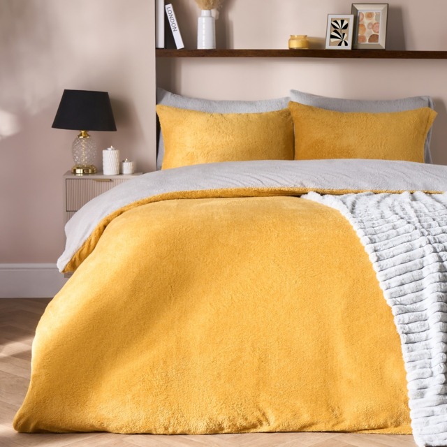 OHS Teddy Fleece Reversible Duvet Cover Set, Ochre/Grey - King - image 1
